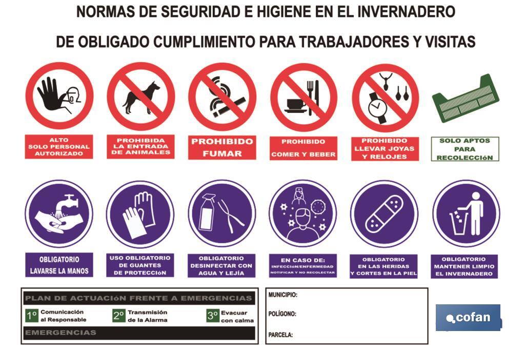 Cartel Multiseñal | Normas de seguridad e higiene para invernaderos | Medida 1000 x 700 mm